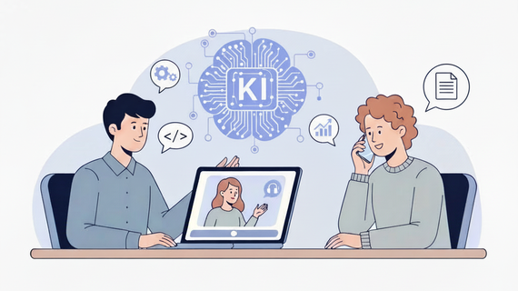 Symbolbild einer KI-Sprechstunde, zwei Personen sitzen vorm Laptop und am Telefon und kommunizieren