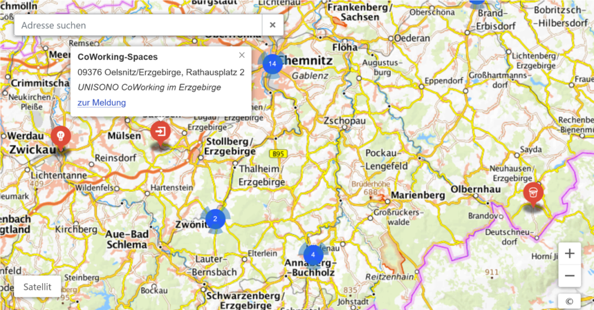 Landkartkarte mit eingezeichneten Lokalen Innovationsräumen für Digitalisierung in Sachsen