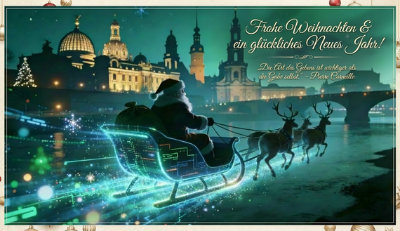 Weihnachtskarte_Weihnachtsmann mit Rentierschlitten vor der Kulisse Dresdens